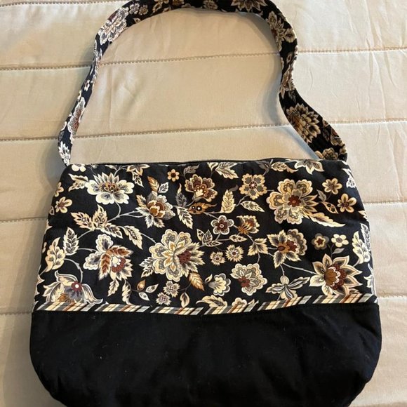 Fall floral cotton zip closure satchel purse in black/khaki/rust/gray colors. - Picture 1 of 5